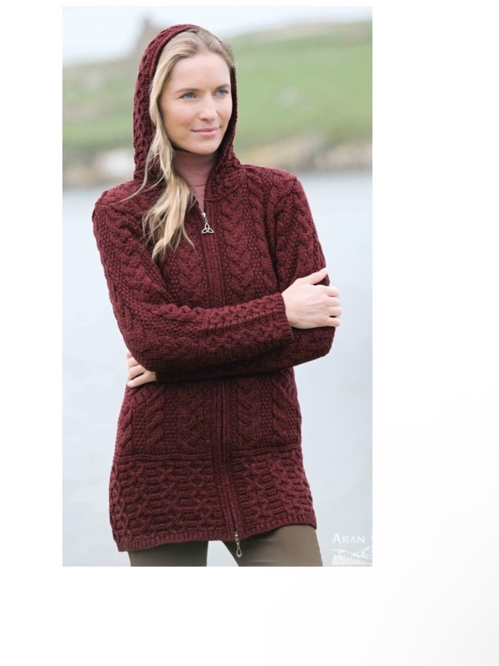 Aran Crafts EMBER  Hooded Cable-Knit Zip Cardigan